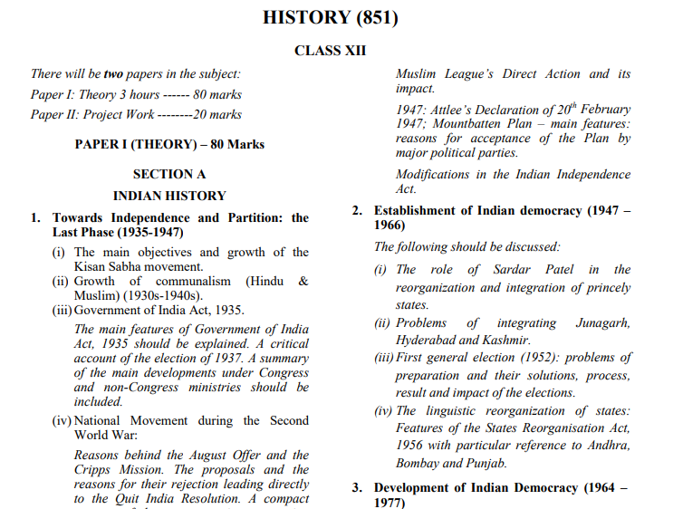 ISC Class 12 History Syllabus 2026-27