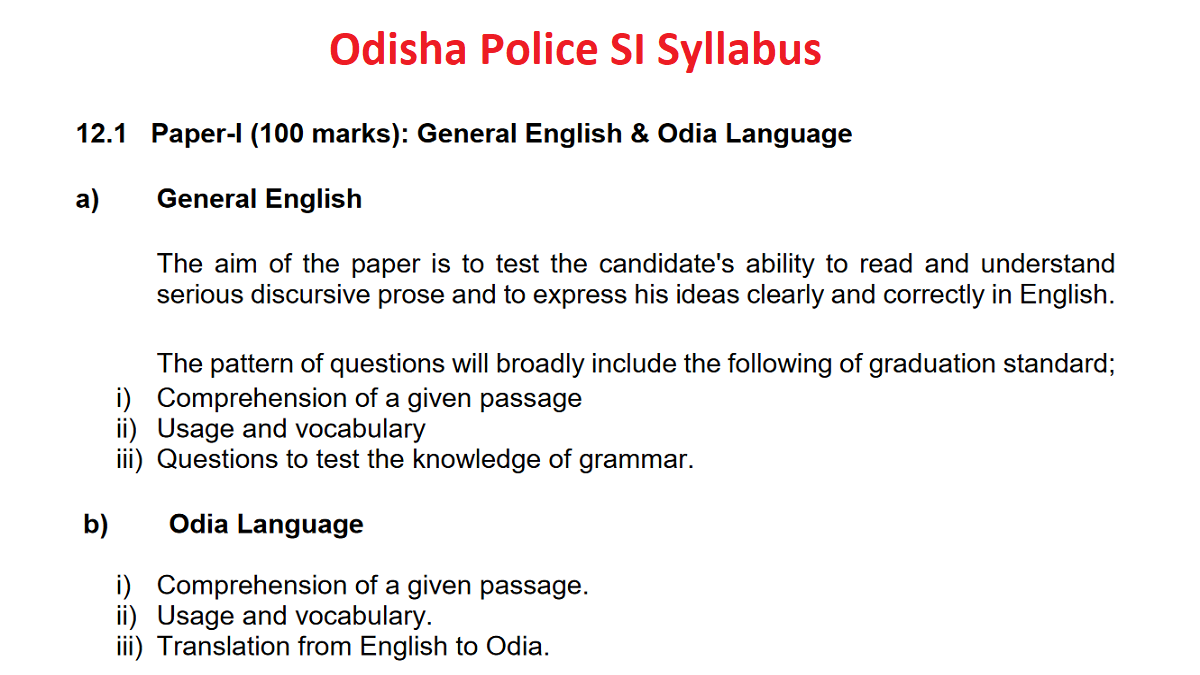 Odisha Police SI Syllabus