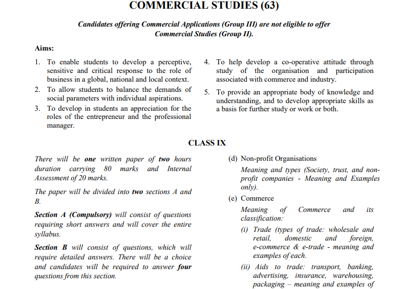icse class 10 commerce syllabus