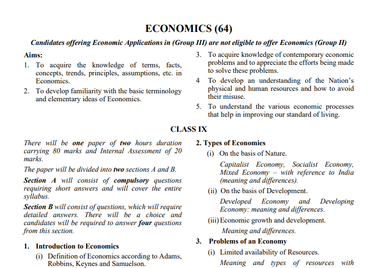 icse class 10 economics syllabus