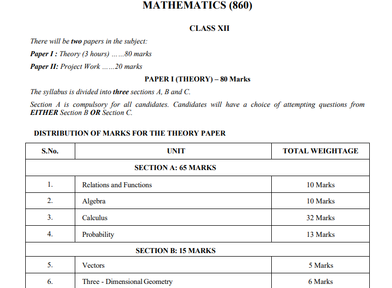 isc class 12 maths syllabus