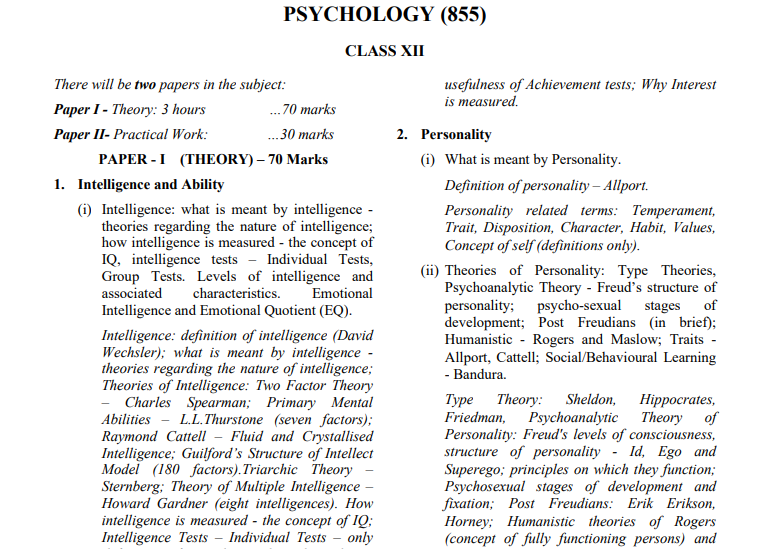 ISC Class 12 Psychology Syllabus 2026-27