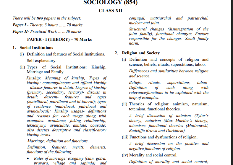 isc class 12 sociology syllabus