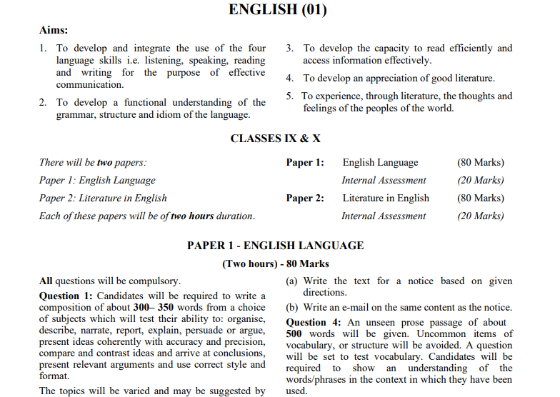icse class 10 english syllabus 2026