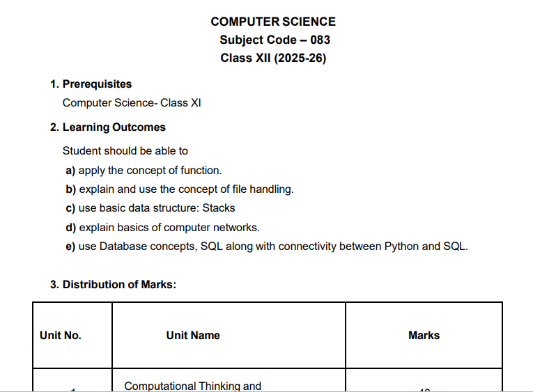 cbse class 12 computer syllabus