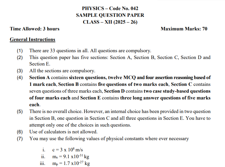 cbse class 12 physics sample paper 2026