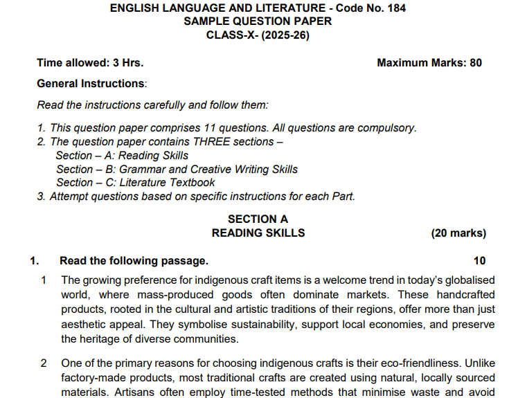 class 10 english sample paper