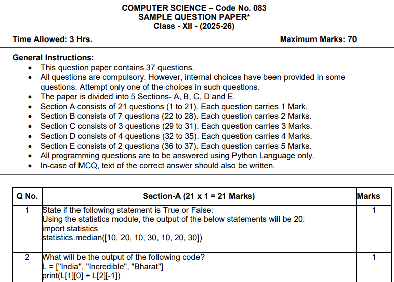 class 12 CS sample paper 2026