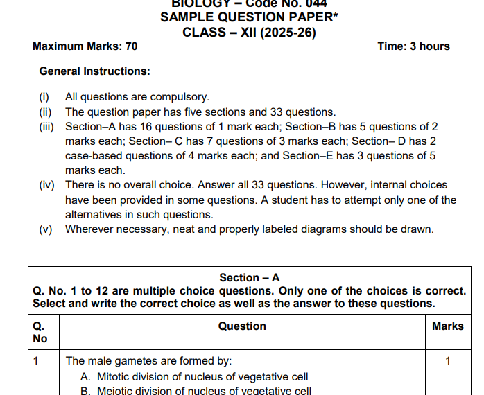 CBSE Class 12 Biology Sample Paper 2025-26 PDF Download