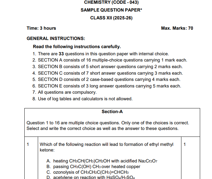 class 12 chemistry sample paper 2026