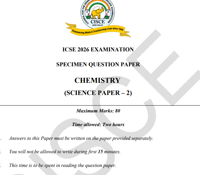 icse class 10 chemistry specimen paper 2026