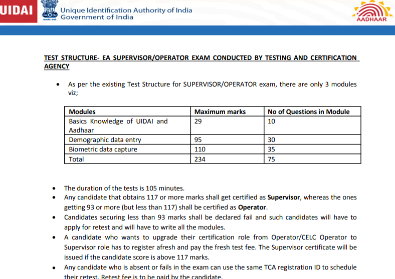 uidai aadhar operator supervisor syllabus