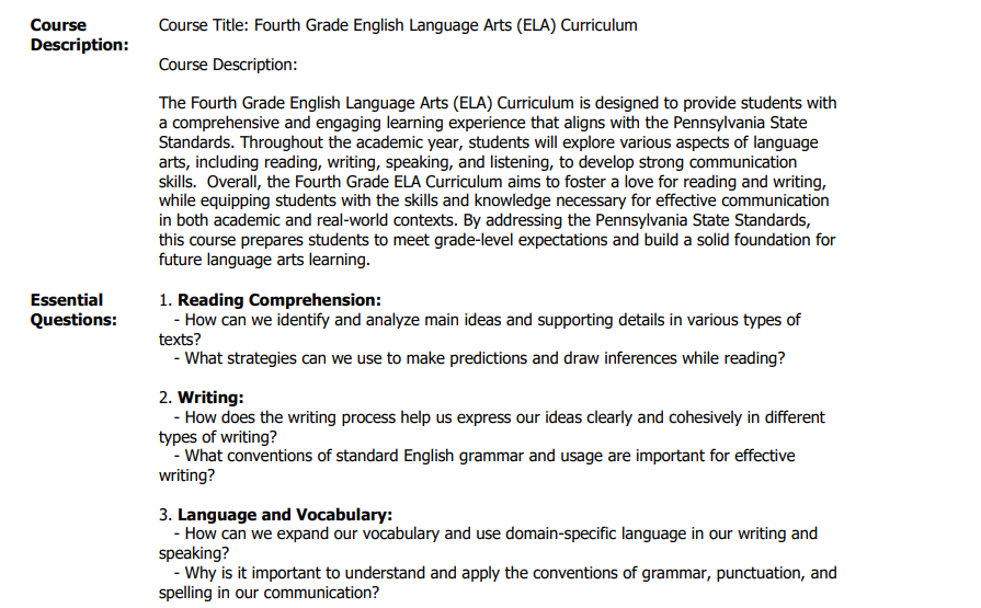 US Grade 4 English Language Arts (ELA) Curriculum