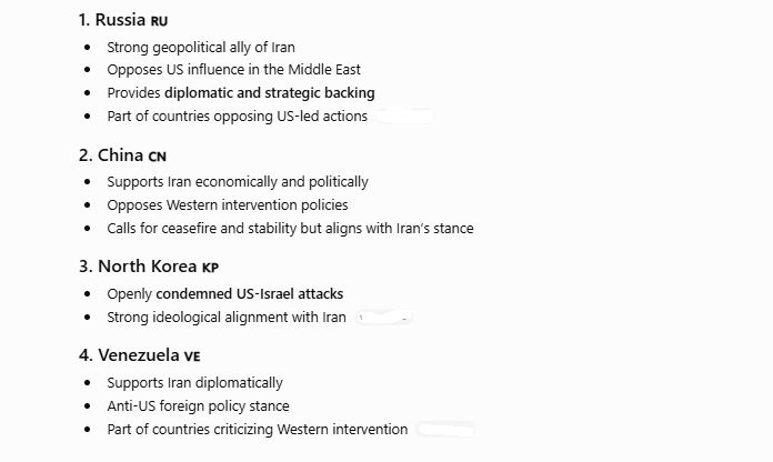 list of countries supoorting iran