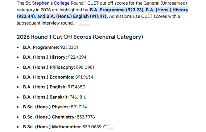 st stephen's college cut off