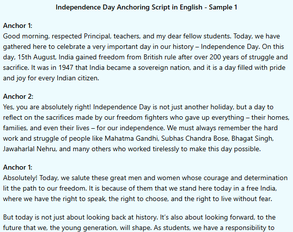Anchoring Script for Independence Day