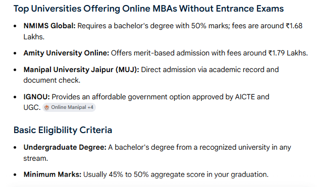 Top Universities for Online MBA courses without entrance exam 2026
